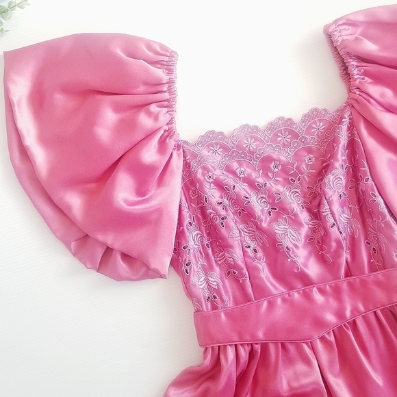 Vintage Union Made 80s Puff Sleeve Satin Pink Embrodiered Floral Midi Dress - Picture 8 of 16